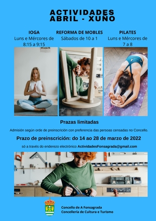 El lunes 14 abre el plazo de preinscripción en las actividades de yoga, pilates y reforma de muebles para los meses de abril a junio 2022