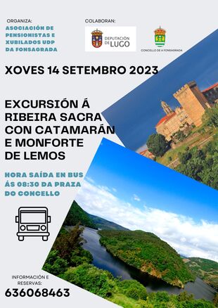 La Asociación de Jubilados organiza una excursión a la Ribeira Sacra con catamarán y visita a Monforte de Lemos el 14 de septiembre de 2023