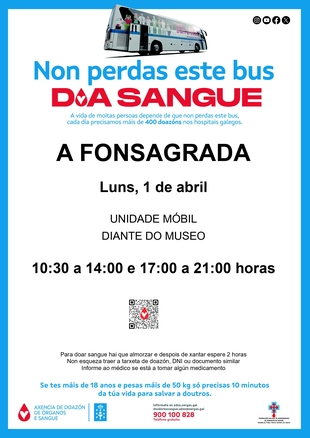 Unidad Móvil de donación de Sangre el lunes 1 de abril enfrente al Museo Comarcal de A Fonsagrada